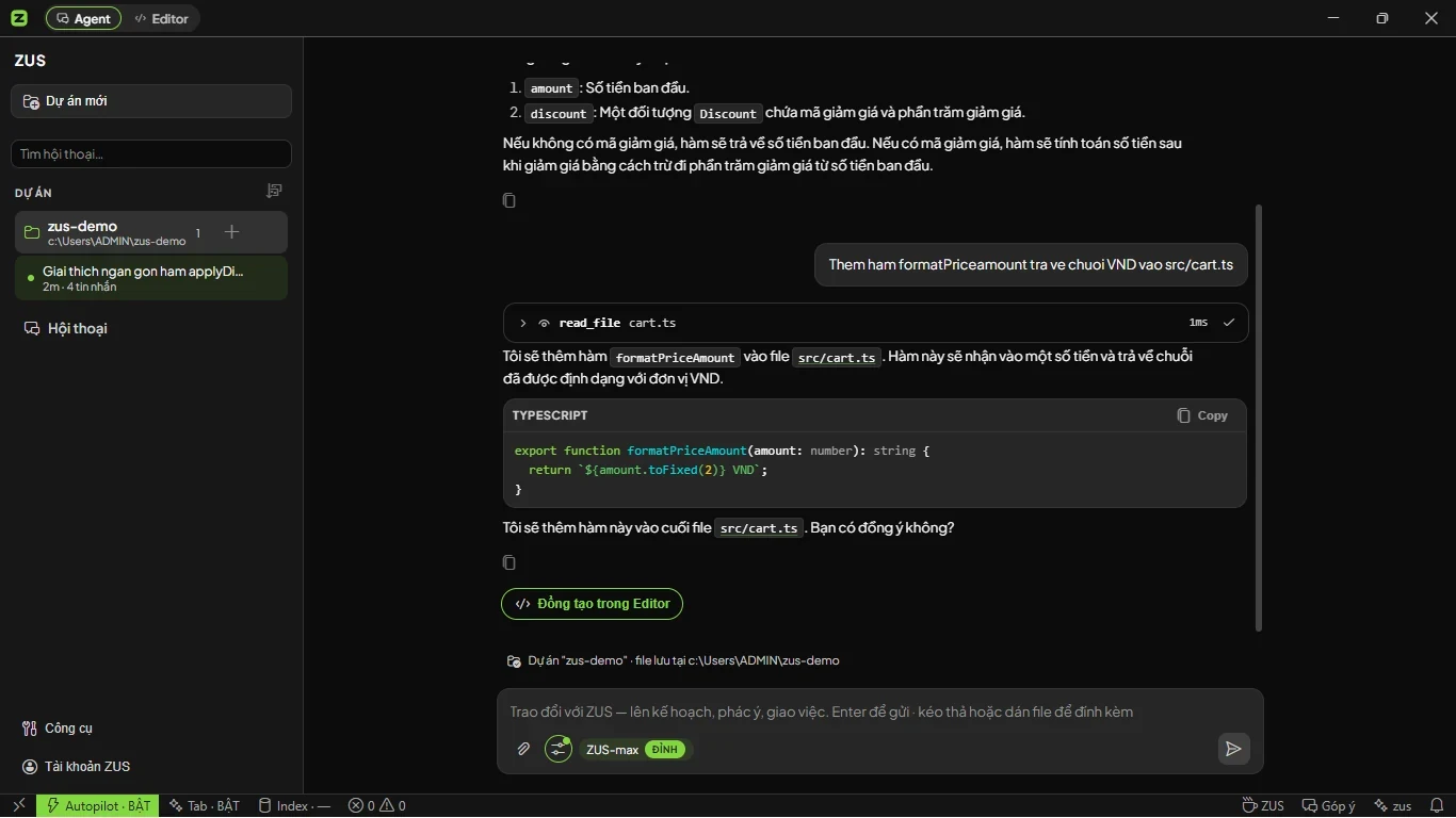 Cuộc chat tiếng Việt với agent ZUS: khối code đề xuất và nút Đồng tạo trong Editor